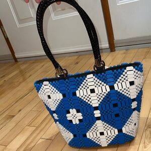 Blue and White Beaded Tote Bag